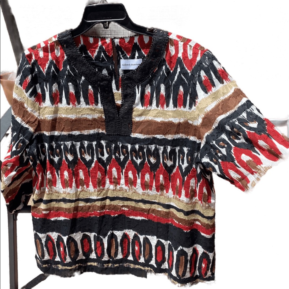 Alfred Dunner top with red, beige, tan, and black pattern.